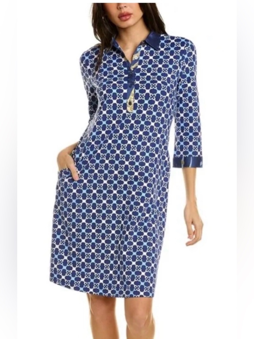 J. McLaughlin Elena Dress Navy Blue Essex Geo Catalina Cloth 3/4 Sleeve, L